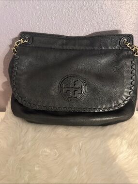 Tory Burch Black Leather Whipstitch Flap Crossbody with Gold Chain
